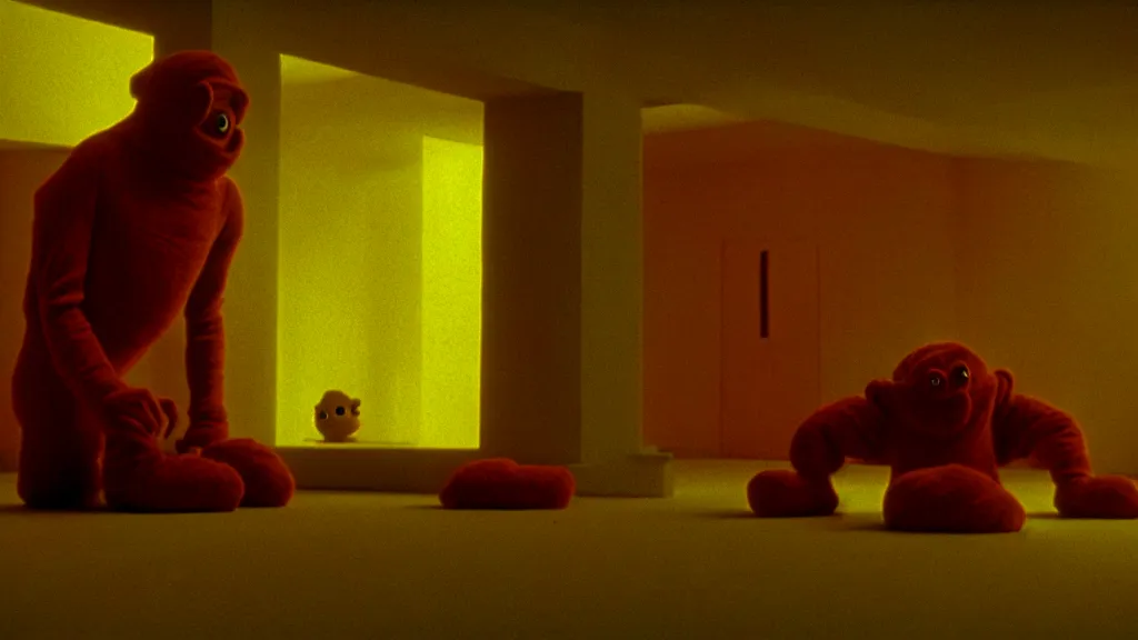 Prompt: a strange creature that looks like a monstrous teletubby crawls on the living room ceiling, film still from the movie directed by Wes Anderson with art direction by Zdzisław Beksiński, wide lens