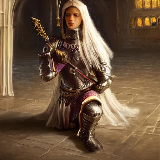 Image similar to a female knight kneeling in front of an alter, artstation hall of fame gallery, editors choice, #1 digital painting of all time, most beautiful image ever created, emotionally evocative, greatest art ever made, lifetime achievement magnum opus masterpiece, the most amazing breathtaking image with the deepest message ever painted, a thing of beauty beyond imagination or words