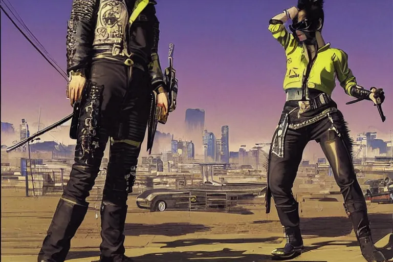 Prompt: punk leather samurai. dramatic low angle. tokyo can be seen in the distance. art in the style of vincent di fate's cyberpunk 2 0 2 0.