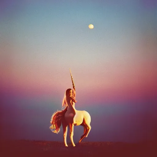 Prompt: photograph taken by a rolleiflex tlr, 1 2 0 mm, portrait, a unicorn, sunset, shot by ryan mcginley, moon in sky, night time