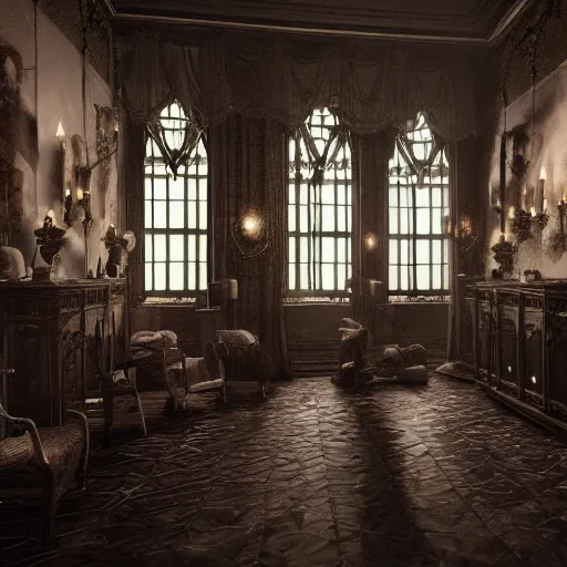Prompt: A room full of people, vampires, high ceiling, victorian, soft light, ominous, photorealistic, detailed, 8k