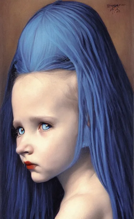 Prompt: little girl with blue hair, by gerald brom