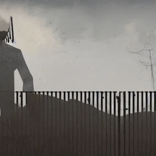 Image similar to a dystopian matte painting of a scared man standing in front of a fence with barbed wire, clouded sky by emiliano ponzi, james gilleard, george ault, david hockney, atey ghailan, albert namatjira, marius borgeaud, minimalist, bauhaus, retrofuturism, concept art, matte background, matte drawing, generative art