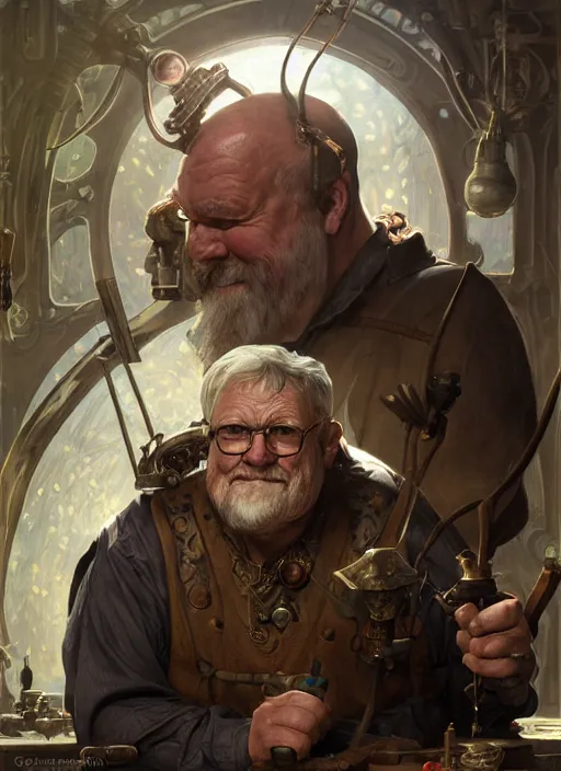 Image similar to an epic fantasy comic book style portrait painting of a an old tinker fat man working on a device in her workshop, d & d, fantasy, intricate, elegant, highly detailed, digital painting, artstation, concept art, matte, sharp focus, illustration, art by artgerm and greg rutkowski and alphonse mucha