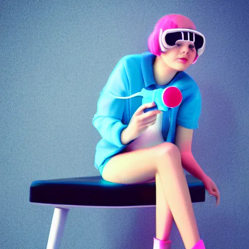 Image similar to high quality portrait of gaming girl with controller sitting futuristic tall chair, lollipop candy, fashion photo, cool lighting, 3D render, pastel color