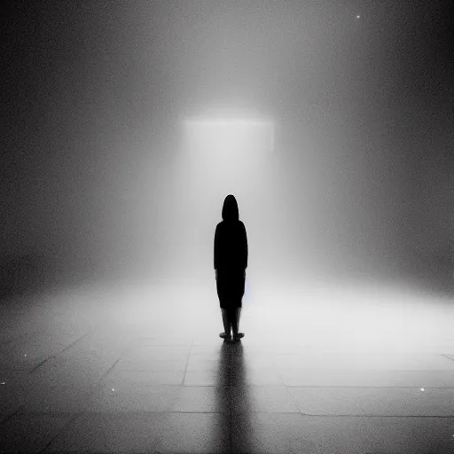 Image similar to dim lights shining through dark fog, emptiness, lonely female figure standing small, psychedelic, spooky found footage, dramatic contrast, trending on artstation