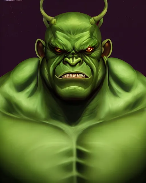 Image similar to « a portrait of a muscular green orc, a character portrait by paul kelpe, reddit contest winner, sots art, ilya kuvshinov, 2 d game art, parallax »