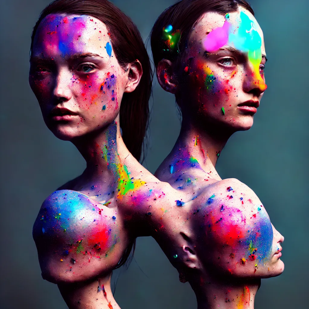 Image similar to , side portrait of a female artist in her workshop, moody, warm light, multicolor paint splatters on skin, cyborg hands, artstation, octane render