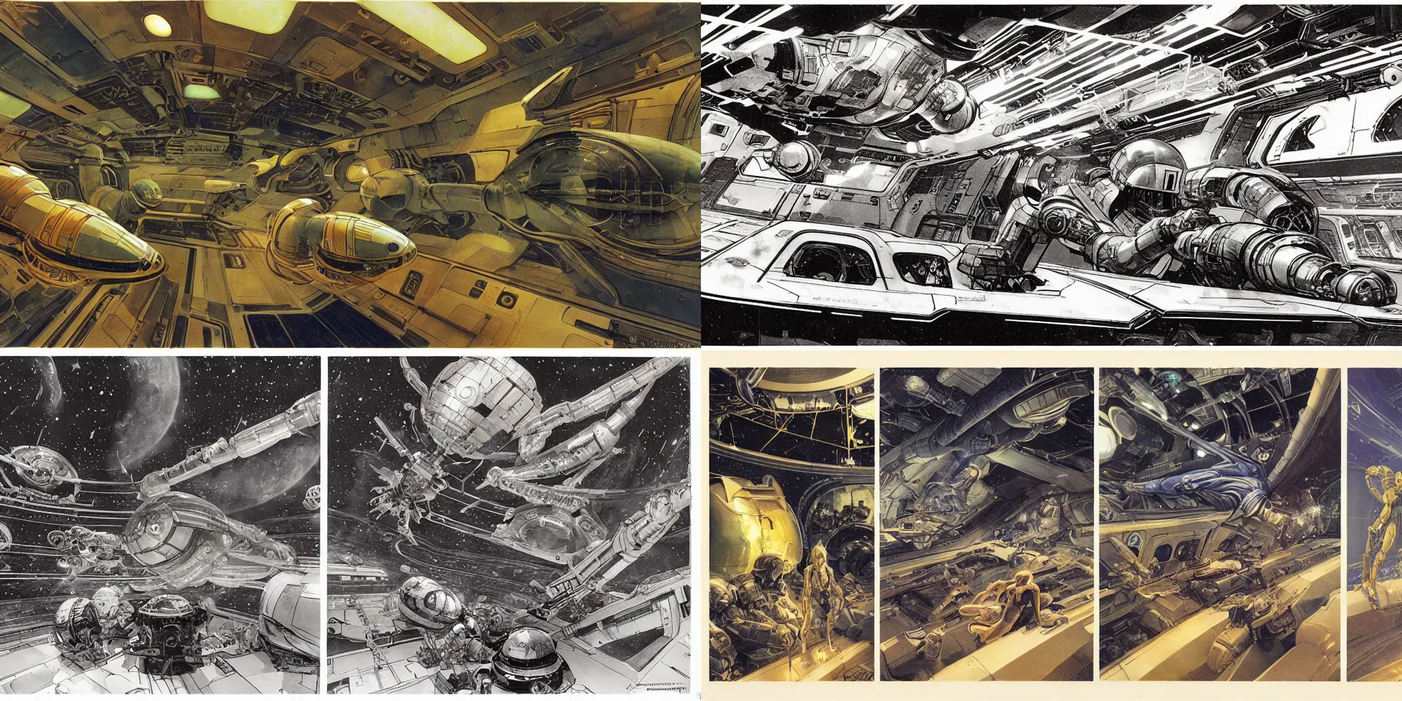 Prompt: the production sketches of science fiction spaceship interior where samus aran is shooting rockets at the alien mother brain, low angle, dramatic composition and lighting, intricate interior design and detailed illustrations by john harris and n c wyeth and ron cobb and chris foss and syd mead