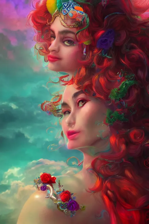 Image similar to a beautiful persian princess in colorful clouds and smoke, green eyes, red dress, long black curly hair, smiling in awe wearing a tiara, face, highly detailed, artstation, concept art, sharp focus, digital art by hana yata, octane render, unreal engine, 8 k