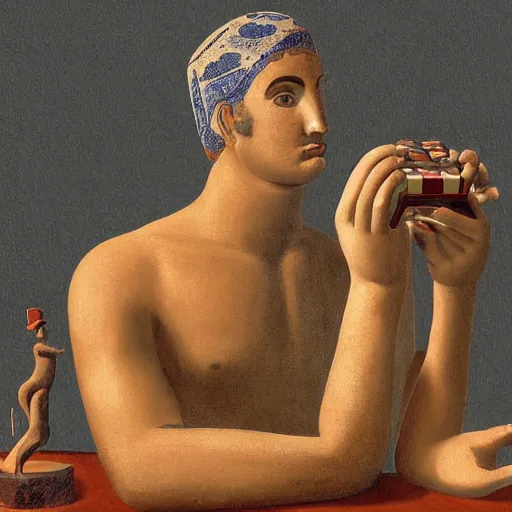 Image similar to greek vase painting of a man playing games on his computer with his backed hunched, 4 k, award winning photograph, highly detailed