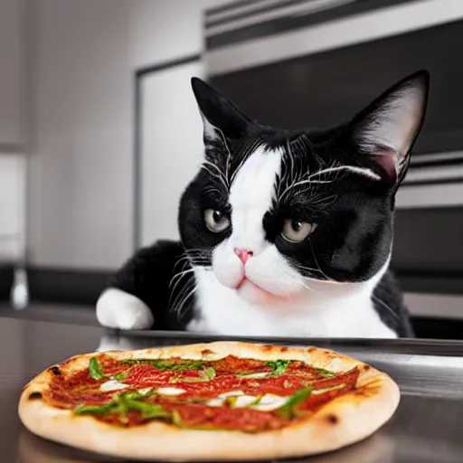 Image similar to black and white exotic shorthair making pizza in a modern kitchen, realistic photo,