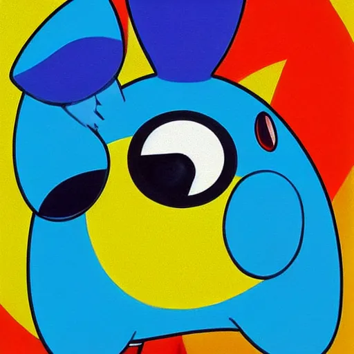 Prompt: A cute pokemon that resembles a blue bill wearing a puffy red coat by James Rosenquist