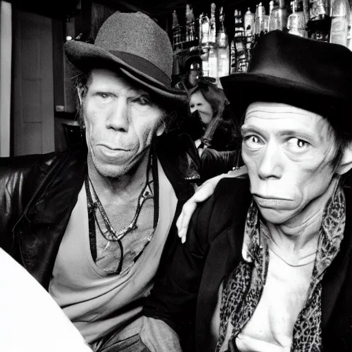 Image similar to Tom Waits and Iggy Pop in a pub by Jim Jarmush, Agfa Vista 800 film, Leica M9