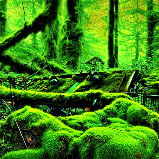 Prompt: a junk yard in the forest, overgrown with moss and ivy, detailed, realistic digital art,