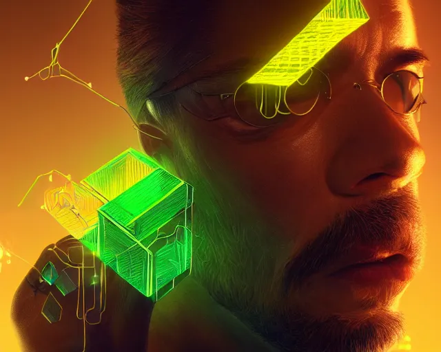 Image similar to portrait of wizard with flying neonyellow cubes, intricate abstract. intricate artwork, by tooth wu, wlop, beeple, dan mumford. concept art, octane render, trending on artstation, greg rutkowski very coherent symmetrical artwork. cinematic, key art, hyper realism, high detail, octane render, 8 k, iridescent accents