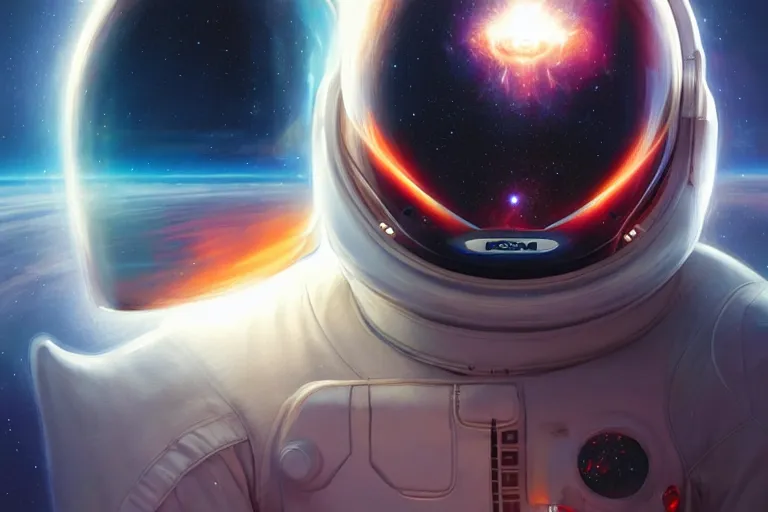 Prompt: portrait of a futuristic bulldog astronaut reflective visor mirror spacesuit reflecting a nebula supernova in space, portrait, intricate, digital painting, artstation, concept art, smooth, sharp focus, illustration, cinematic lighting, art by artgerm and greg rutkowski and alphonse mucha