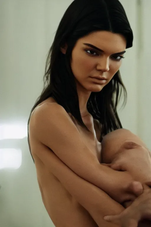 Prompt: film still of Kendall Jenner in the new Denis Villeneuve film, xenomorph holding Kendall again the wall, close shot, Kendall unconscious, cinematic lighting, 4k.