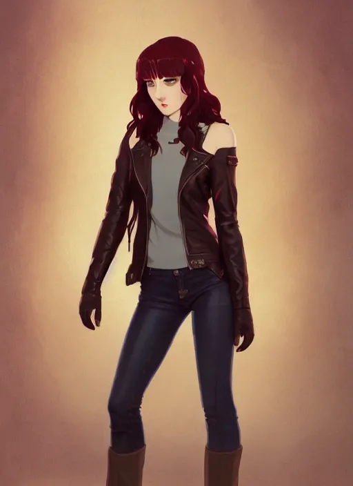 Image similar to pretty young woman with shoulder length shiny shimmering dark red hair and wearing worn leather jacket, concept art, t - pose, full body, path traced, highly detailed, high quality, digital painting, by studio ghibli and alphonse mucha, leesha hannigan, makoto shinkai, arcane