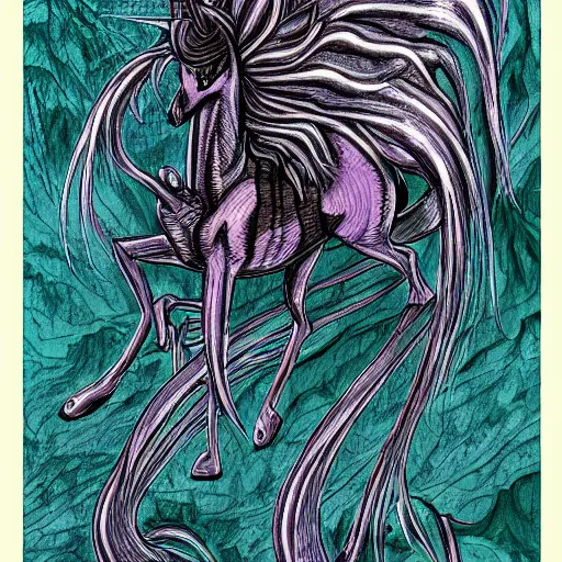 Prompt: detailed illustration of my little pony in the style of h r giger and wayne barlowe and junji ito