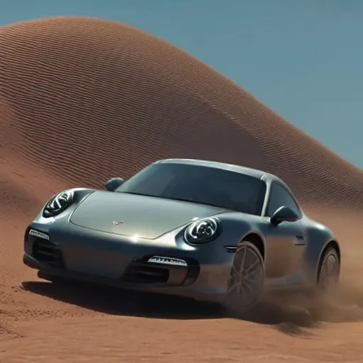 Prompt: a porsche 911 escaping from a huge sandworm in the planet of arrakis from Denis Villeneuve\'s movie Dune (2021)