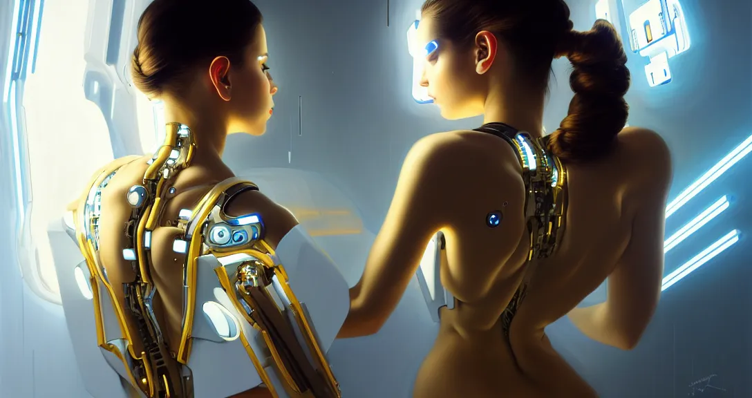 Image similar to beauty woman wrapped in white and gold, Terminator artifacts, electronic case display, cyberpunk tech, ultrarealistic, futuristic, back lit, dramatic lighting, electrical details, high details, 4k, 8k, best, accurate, trending on artstation, artstation, photorealism, ultrarealistic, digital painting, style of Peter Mohrbacher, Caravaggio, Caravaggio, Boris Vallejo, Hajime Sorayama