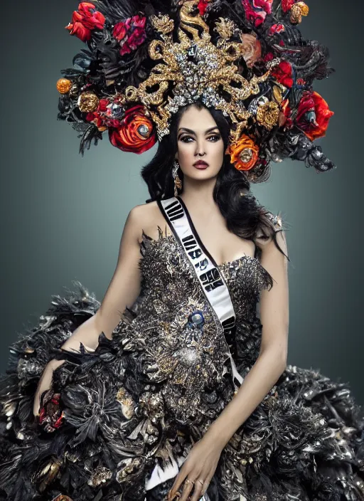 Image similar to expressive full body photo of a miss universe in creative costume, ornate headpiece made from flowers, ornaments, glamour shot by stefan gesell, photorealistic, canon r 3, fashion photography, hyper maximalist, sharp focus, ornate, elegant, luxury and elite, environmental portrait, symmetrical features, octane render, unreal engine, solid dark grey background, dramatic lights