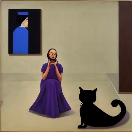 Image similar to in an art gallery, there is a huge painting of carmen herrera blue with white line. a black cat is looking up at the painting. a surrealist painting by george tooker, cgsociety, surrealism, surrealist, dystopian art, 3 d, purple color scheme