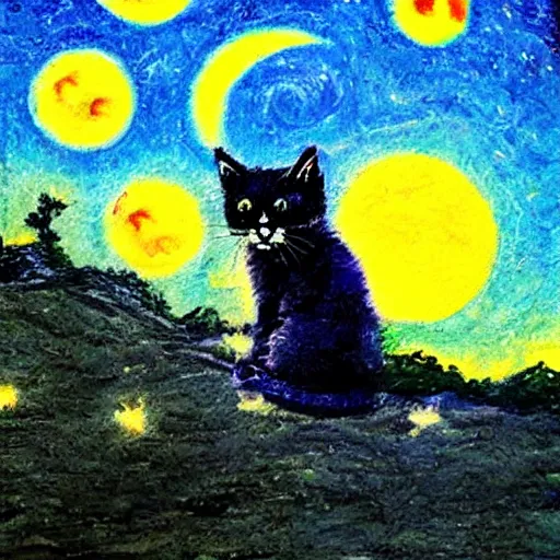 Prompt: kittens van goh style staring at moon in van goh a starry night