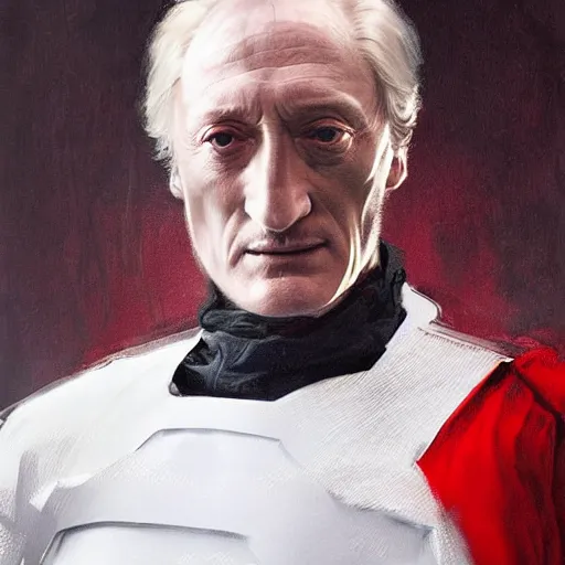 Image similar to portrait of a man by greg rutkowski, he looks like charles dance, star wars expanded universe, he is about 7 0 years old, wearing white and red chancellor clothes of the galactic triunvirate.