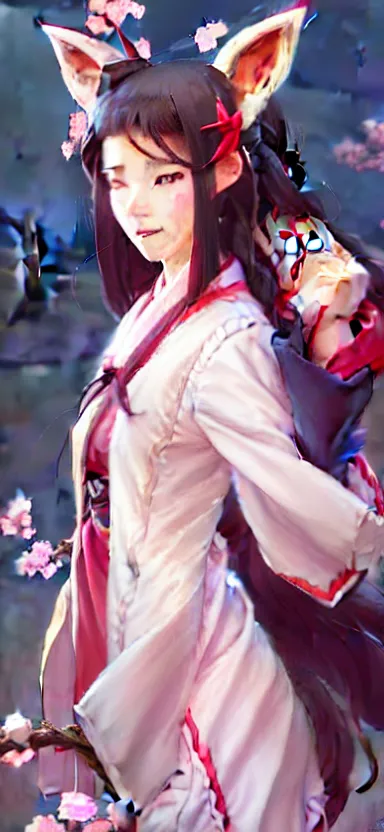 Image similar to a league of legends concept art of a cute girl with fox ears wearing kimono at a sakura tree, art by cushart krentz and greg rutkowski, 8 k resolution, high quality, highly detailed, long hair, fantasy style, empty background, illustration, hyperrealism, octane render, commission art, trending on artstation, pinterest