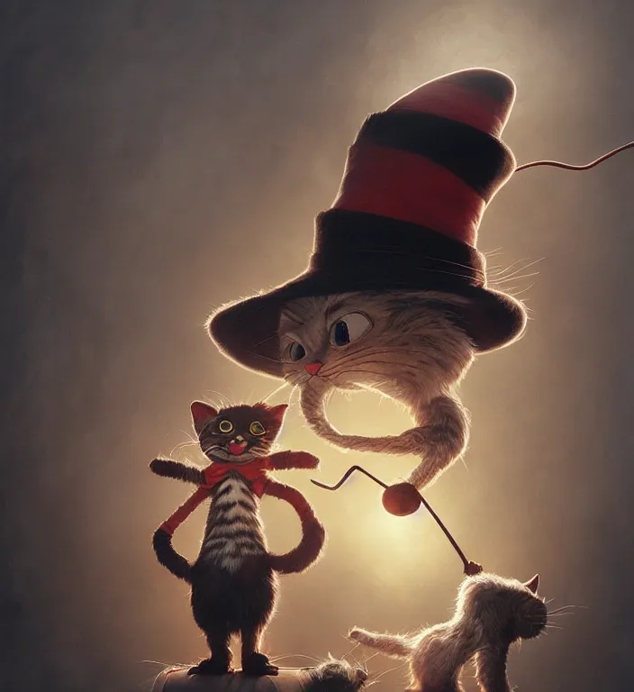 Prompt: complex 3 d render, hyper detailed, ultra sharp, of the cat in the hat, scary, dark, cinematic, natural soft light, rim light, art by greg rutkowski and artgerm and norman rockwell, dr seuss