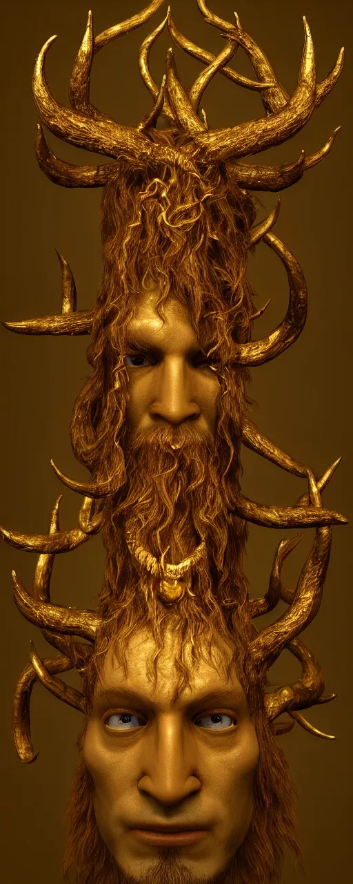 Prompt: Hyper realistic portrait of a surreal Cernunnos floating in the dark night, gold dripping in spiral, Mistic ambient, ultra super good realistic 3D render by Pete Morbacher and Emil Melmoth, insanely detailed, trending on artstation, sharp focus