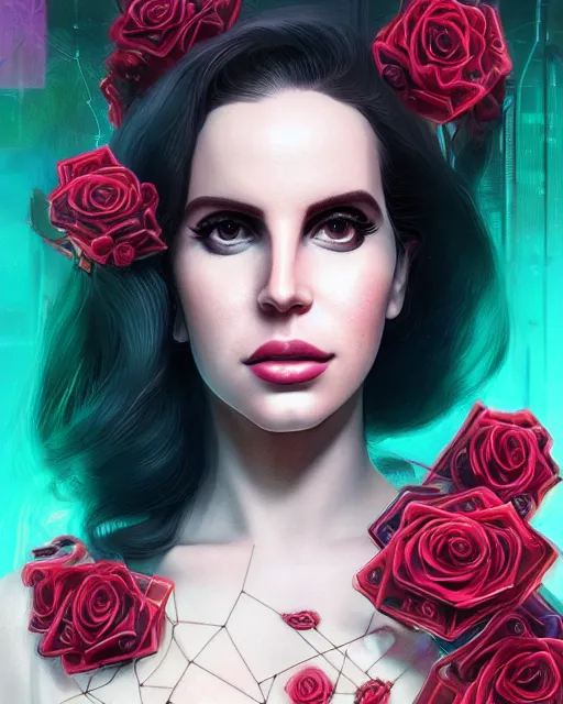 Image similar to portrait of lana del rey as a cyberpunk cyborg. roses sci - fi intricate abstract upper body intricate artwork, roses, rose petals, by tooth wu, wlop, beeple, dan mumford. concept art, octane render, deviantart, greg rutkowski, cinematic arthouse, key art, hyper realism, iridescent accents