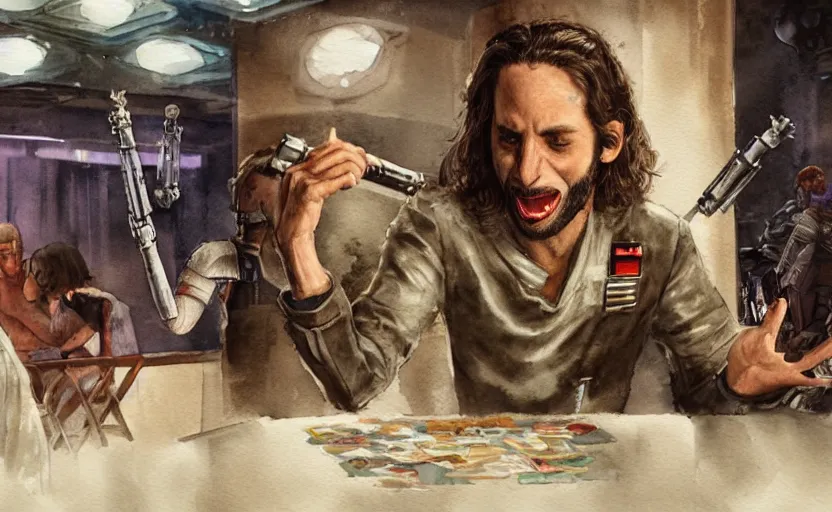 Image similar to an accurate realistic star wars watercolor fantasy concept art of a drug dealer that looks like chris d'elia yelling angrily in a sleazy futuristic bar of coruscant, hq, 4 k