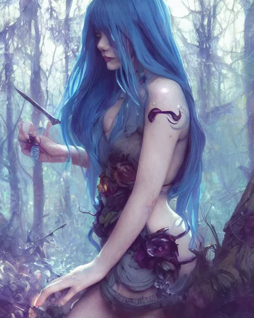 Image similar to stunningly beautiful female blue hair, emma stone face, antasy art, fae priestess, lush forest landscape, dark light night, sharp focus, digital painting, 8 k, concept art, art by wlop, artgerm, greg rutkowski and alphonse mucha