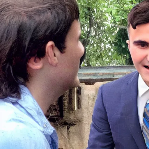 Prompt: charlie kirk visiting a gypsy so his face will be normal size