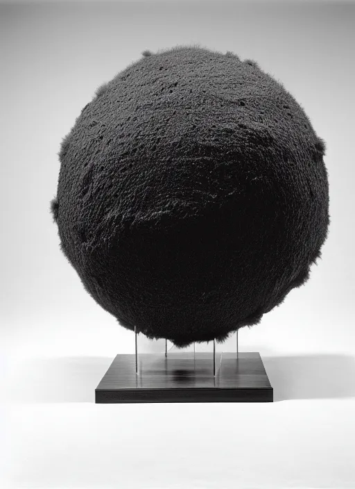 Prompt: realistic photo of a scientific model of an ugly rough fluffy hairy molecule globe made of black clay covered with white dots with wooden details, front view 1 9 9 0, life magazine reportage photo, metropolitan museum photo