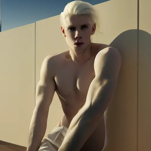 Prompt: portrait of the male model Lucius Bjornsson with beautiful long pale blond hair, albino white pale skin, posing for a photoshoot in the golden hour, white dress shirt and black miniskirt, broad shoulders and huge thick arms, ambient lighting, 4k, anime key visual, lois van baarle, ilya kuvshinov, rossdraws, artstation