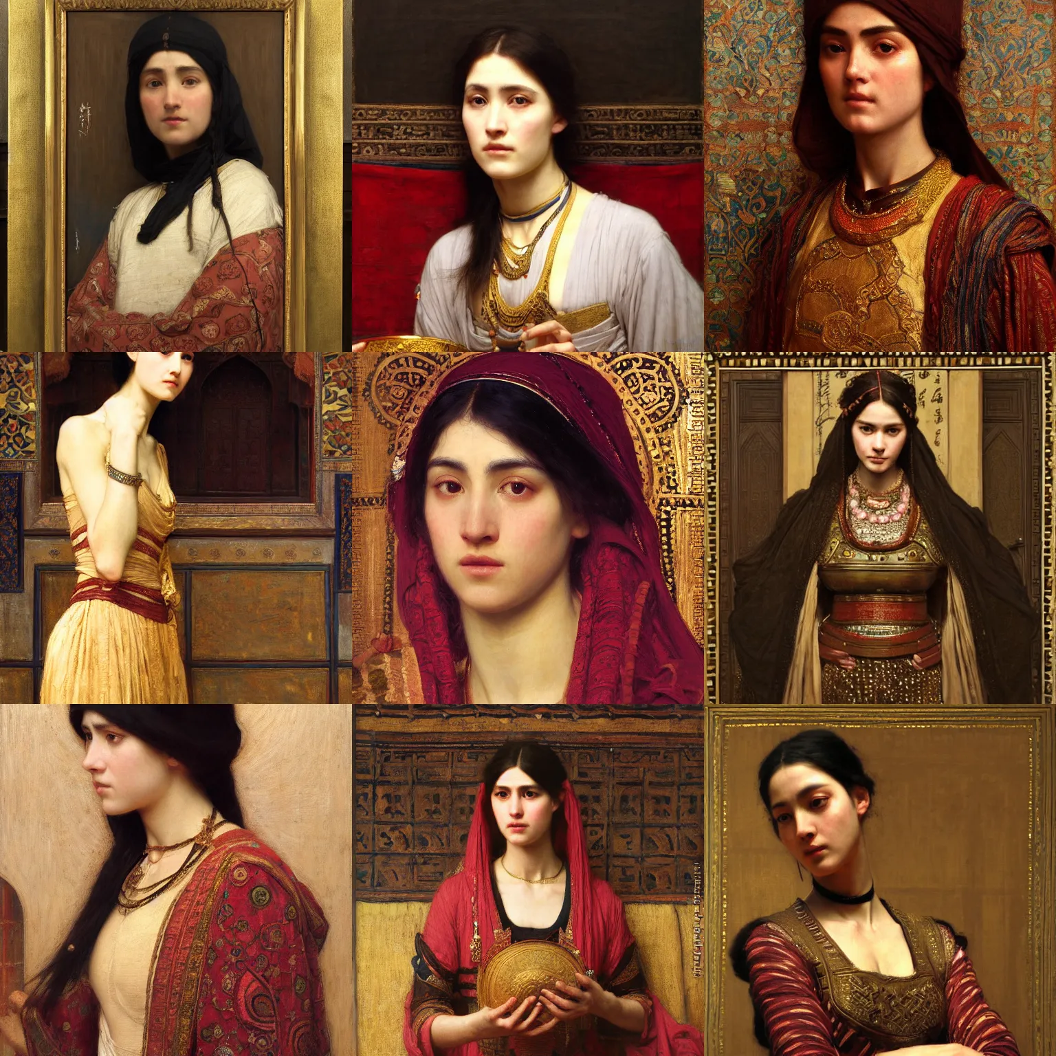 Prompt: eunuch orientalist intricate portrait by john william waterhouse and Edwin Longsden Long and Theodore Ralli and Nasreddine Dinet, oil on canvas. Cinematic, hyper realism, dramatic lighting, high detail 8k