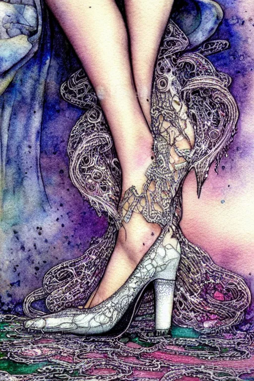 Prompt: realistic closeup of foot in crystal high heel shoe surrounded by lace fabric, fantasy art, trending on artstation, sleeping beauty fairytale, art by luis royo and walter crane and kay nielsen, watercolor illustration,