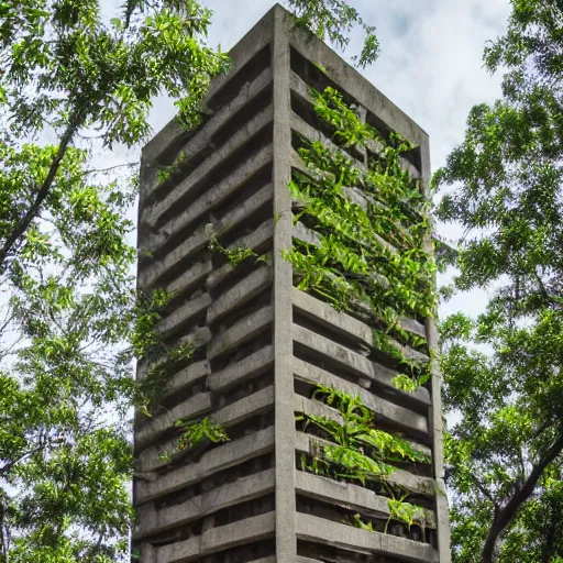 Image similar to A brutalist tower in the middle of a tropical jungle, by Brick Visual, by Luxigon