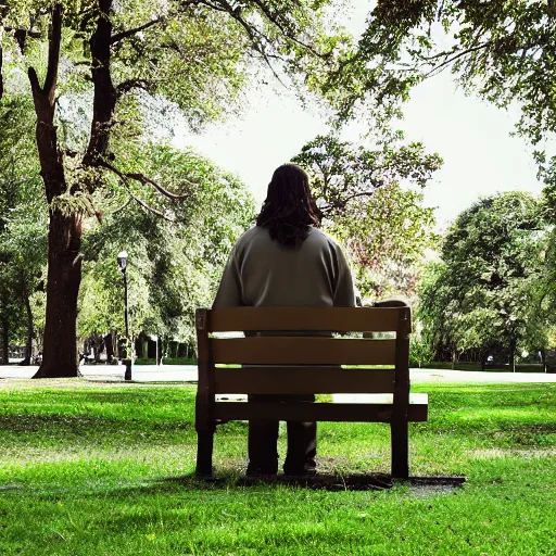 Image similar to jesus christ sitting on a bench in the park