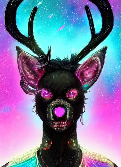 Image similar to award winning beautiful portrait commission of a male furry anthro Black Reindeer cyberpunk fursona with a tail, wings, wings, wings and a cute beautiful attractive detailed furry face wearing stylish black and rainbow galaxy clothes, outline, in a cyberpunk city at night while it rains. Character design by charlie bowater, ross tran, artgerm, and makoto shinkai, detailed, inked, western comic book art