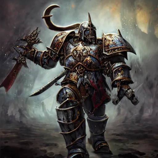 Image similar to a chaos warrior in heavy armor from warhammer, artstation hall of fame gallery, editors choice, # 1 digital painting of all time, most beautiful image ever created, emotionally evocative, greatest art ever made, lifetime achievement magnum opus masterpiece, the most amazing breathtaking image with the deepest message ever painted, a thing of beauty beyond imagination or words