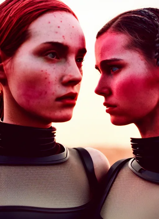 Image similar to cinestill 5 0 d photographic portrait of two loving female androids wearing rugged black mesh techwear crop top on a desolate plain with a red sky, extreme closeup, modern cyberpunk, dust storm, 8 k, hd, high resolution, 3 5 mm, f / 3 2, ultra realistic faces, ex machina, blade runner