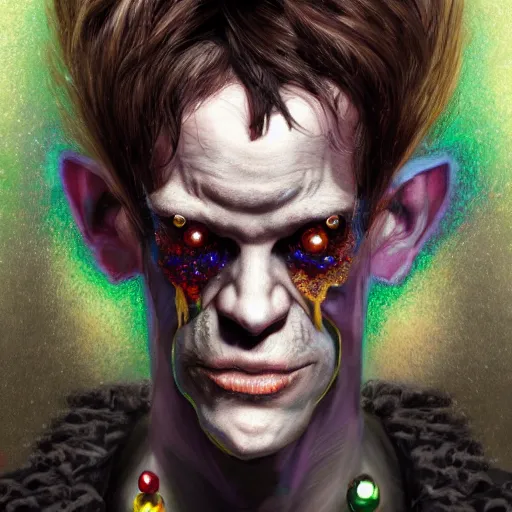 Prompt: a portrait of Murdoc Niccals from Gorlliaz wearing a cool jacket with gems imbedded into it by alex gray and android jones , Karol Bak, Ayami Kojima, Amano , concept art, character design, fantasy,3D, 8k resolution