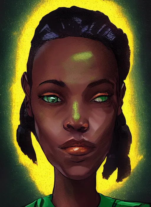 Image similar to An sci-fi comic book style portrait painting of a short, dark-skinned, slender soldier girl wearing a gold and green shirt with short auburn hair that comes almost to her shoulders with brown eyes that look almost black with flecks of gold in them. The girl has a medium-sized scar on the upper right side of her head, unreal 5, DAZ, hyperrealistic, octane render, cosplay, RPG portrait, dynamic lighting