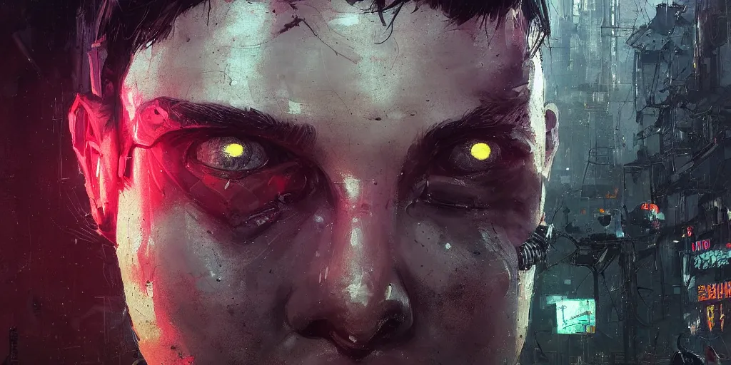 Image similar to extreme closeup on the eyes of a neon guard boy with short dark hair cyberpunk futuristic, in front of a dystopian crowd with piles of garbage by Ismail inceoglu dragan bibin hans thoma, Perfect face, fine details, realistic shaded, fine-face, pretty face