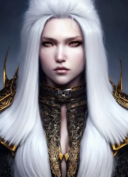 Image similar to fur armor!!! long wild white hair!! covered chest!!! fantasy, d & d, intricate ornate details, symmetry, concept art, sharp focus, illustration, art by artgerm! greg rutkowski magali villeneuve wlop! ilya kuvshinov!!, octane render, unreal engine 5, highly rendered!!